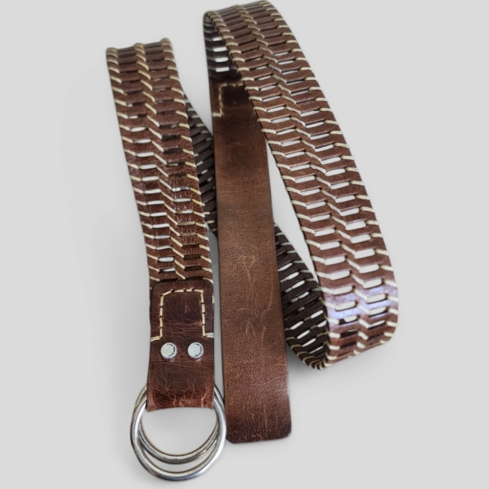 Calvin Klein Genuine Leather Brown Woven D-Ring Belt Size Large Classic Western